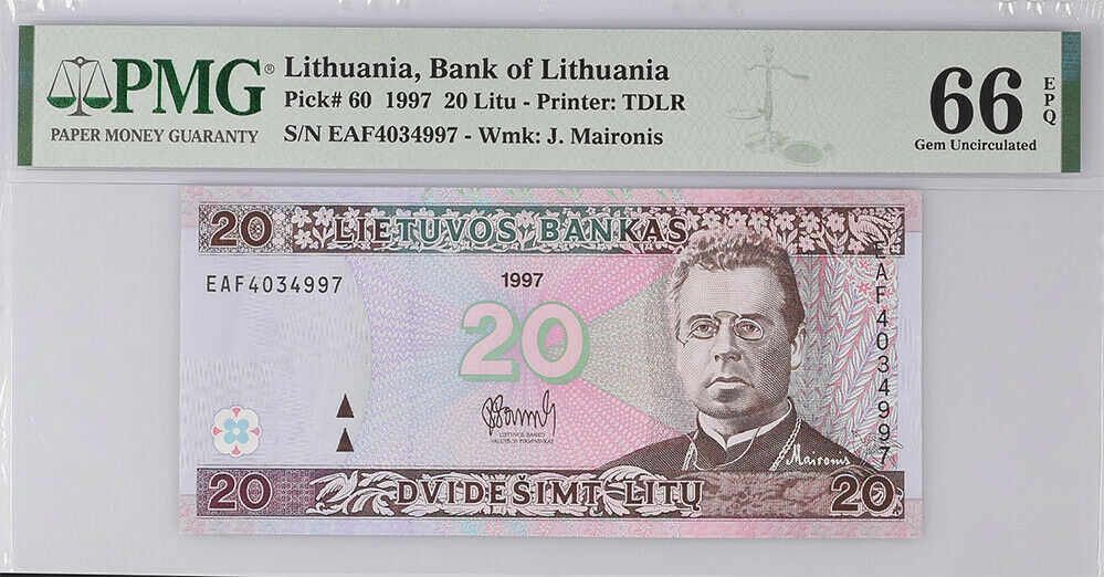 Lithuania 20 Litu 1997 P 60 Gem UNC PMG 66 EPQ