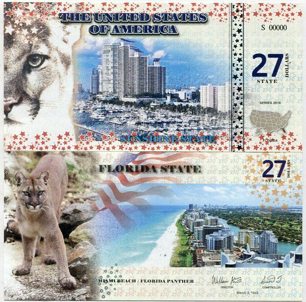 UNITED STATES 27 STATE DOLLARS USA 2016 FLORIDA MIAMI PANTHER SPECIMEN