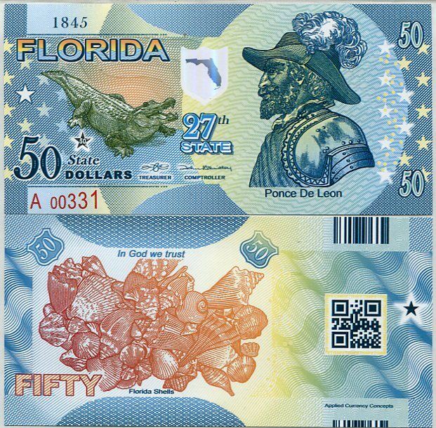 USA FLORIDA 50 DOLLARS 2016 FL STATE 27TH CROCODILE POLYMER