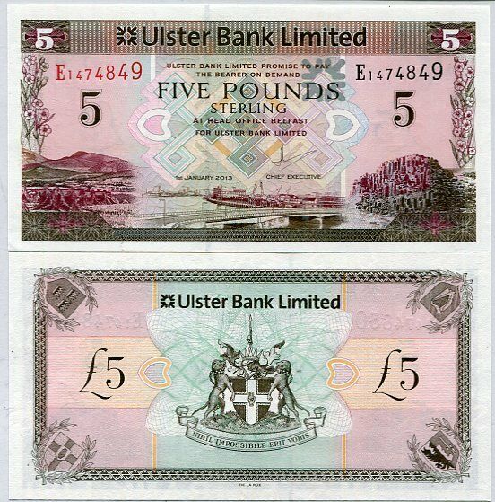 NORTHERN IRELAND 5 POUNDS 2013 P 340 ULSTER BANK UNC