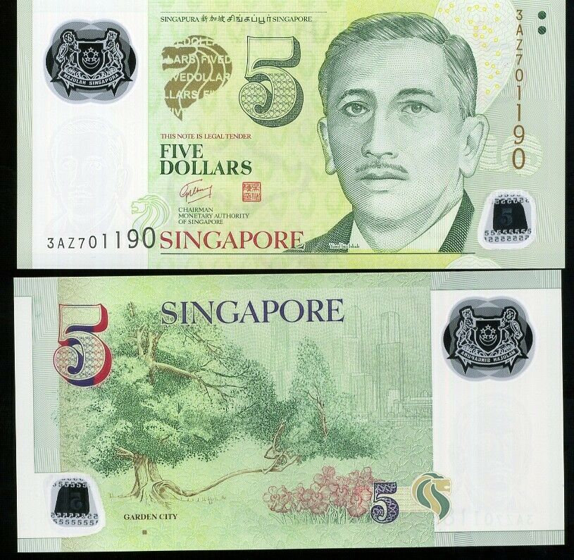 SINGAPORE 5 DOLLARS 2010 P 47 WITH 1 SQUARE POLYMER UNC