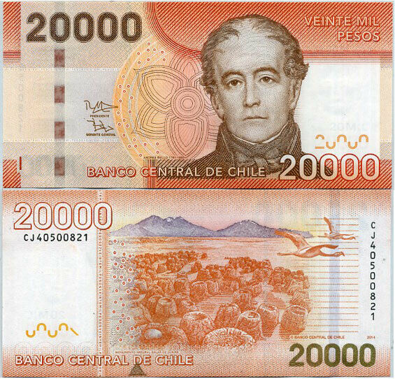 CHILE 20,000 20000 PESOS 2014 P 165 NEW DATE WITH TRIANGLE AT BACK UNC
