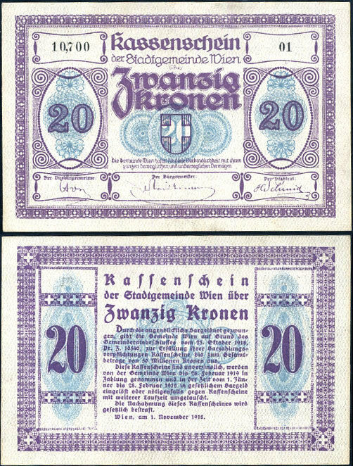 AUSTRIA 20 KRONE 1918 P R54 XF