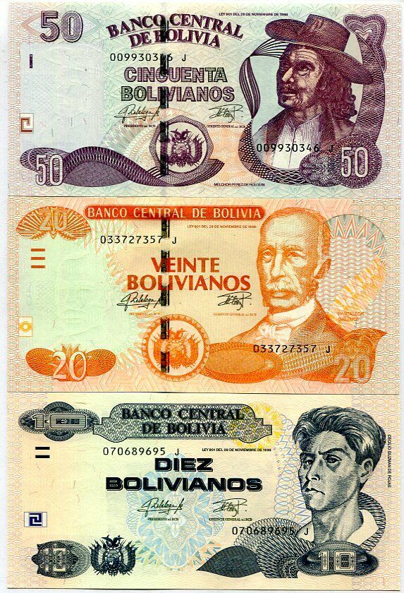 BOLIVIA SET 3 UNC 10 20 50 BOLIVANOS 1986 / 2015 SERIES J P 228 229 235 UNC