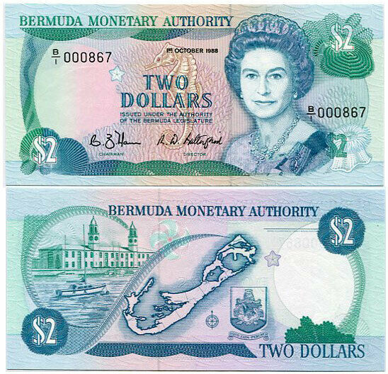 BERMUDA 2 DOLLARS 1-10-1988 P 34 QE II UNC