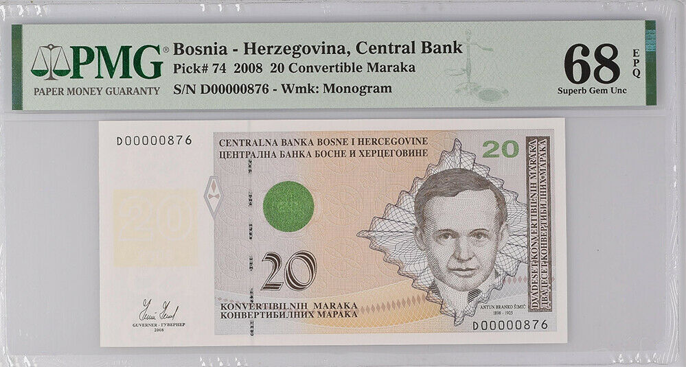 Bosnia 20 Convertible Maraka 2008 P 74 #876 Superb Gem UNC PMG 68 EPQ Top