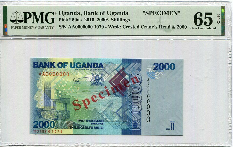 Uganda 2000 Shillings 2010 P 50 as Specimen Gem UNC PMG 65 EPQ