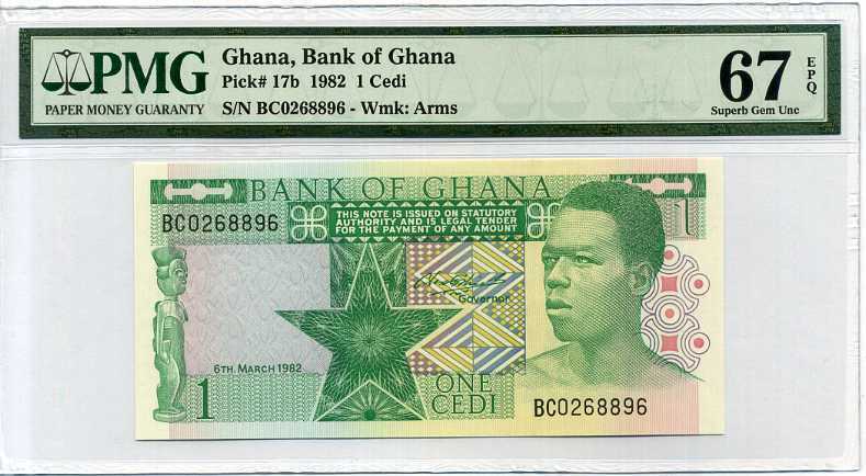 Ghana 1 Cedi 1982 P 17 b Superb GemUNC PMG 67 EPQ Highest