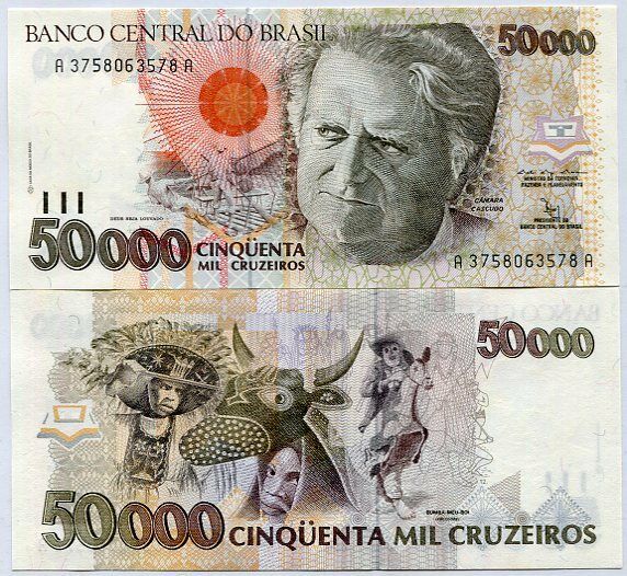 BRAZIL 50000 CRUZEIROS 1992 P 234 UNC WITH TONE