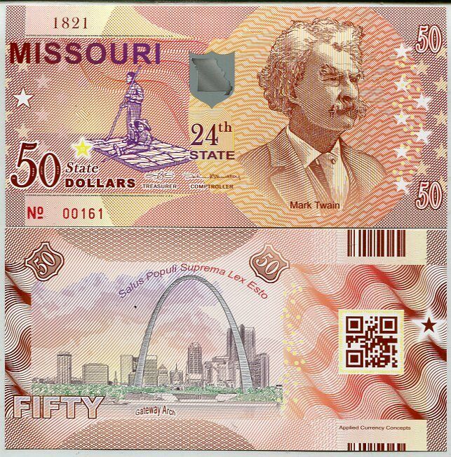 USA Missouri 50 DOLLARS 2017 POLYMER 24TH Mark Twain, Gateway Arch P NEW