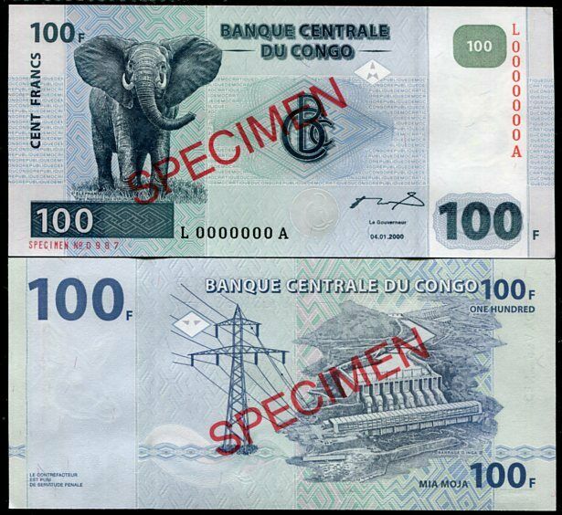 CONGO 100 FRANCS 2000 P 92 L-A SPECIMEN UNC