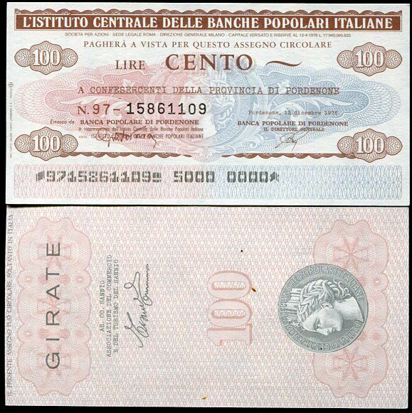 ITALY 100 LIRE CENTO POPLARI GIRATE 1976 EMERGENCY ISSUE COUPON UNC