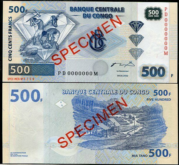 Congo 500 Francs 2002 P 96 SPECIMEN PD-M UNC
