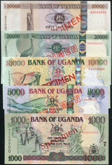 UGANDA SET 5 UNC 1000 5000 - 20000 500000 SHILLINGS 2003-2009 P 39 - 47 SPECIMEN
