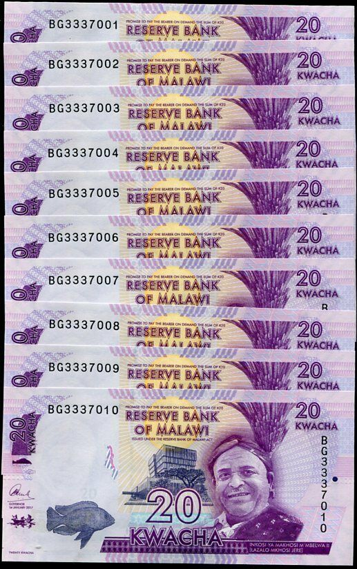 Malawi 20 Kwacha 2017 P 63 d UNC UNC LOT 10 PCS