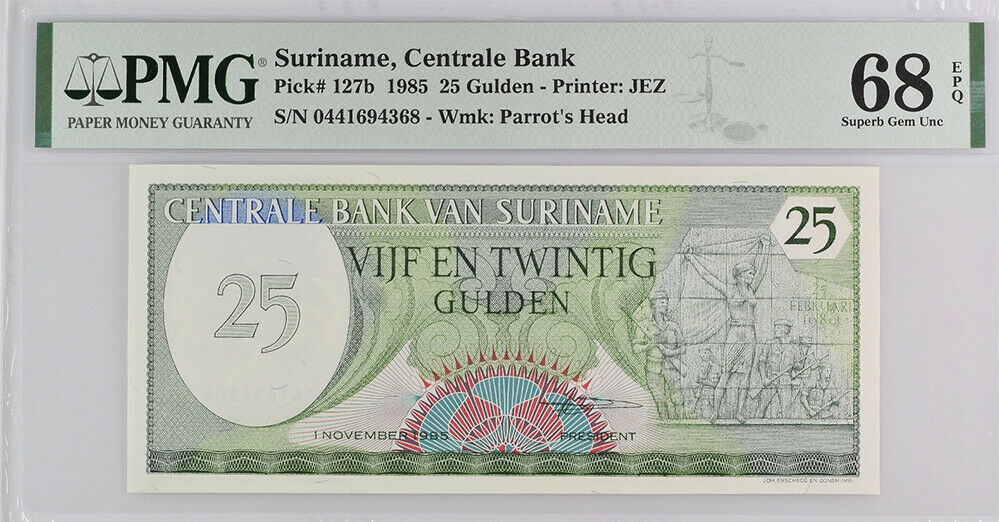 Suriname 25 Gulden 1985 P 127 SUPERB GEM UNC PMG 68 EPQ High