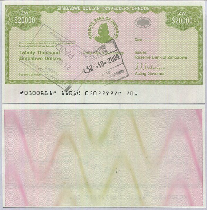 Zimbabwe 20000 Dollars 2003 P 18 Travellers Cheque With Stamp UNC