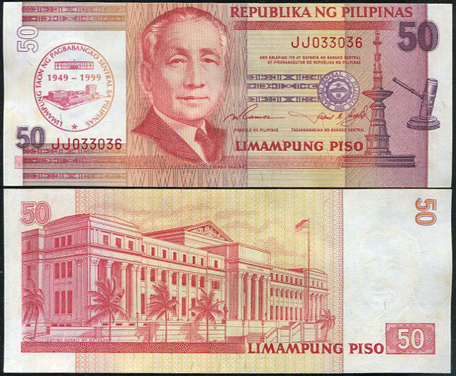 PHILIPPINES 50 PISO PESO COMM. 50TH BSP 1999 P 191 UNC W FOXING