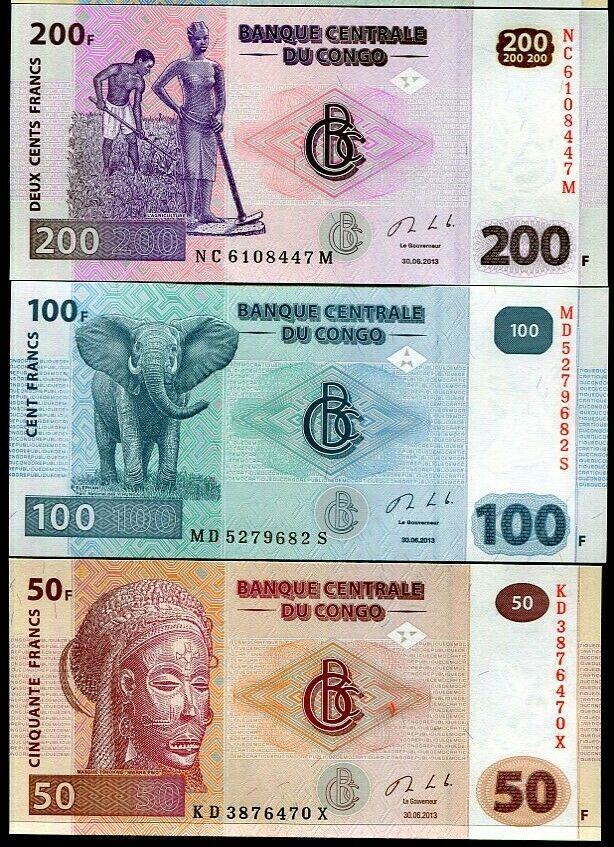 Congo Set 3 Pcs 50 100 200 Francs 2013 P 97 98 99 UNC