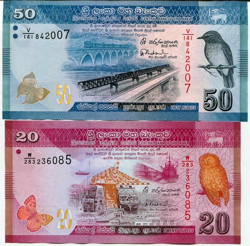 SRI LANKA SET 2 PCS 20 50 RUPEES RANDOM DATE P 123 124 UNC