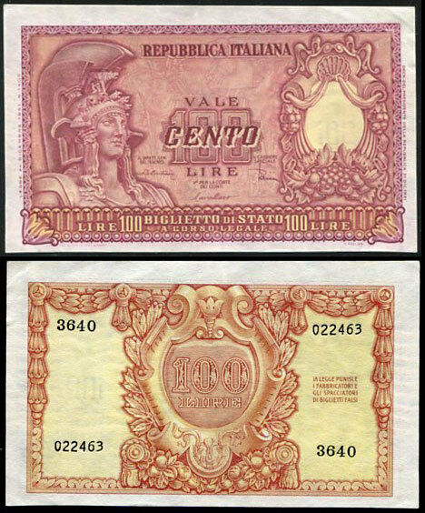 ITALY 100 LIRE 1951 P 92 ITALIANA XF