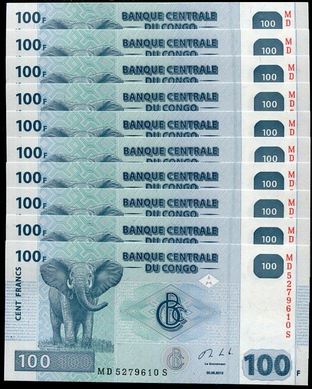CONGO 100 FRANCS 2013 P 98 UNC LOT 10 PCS