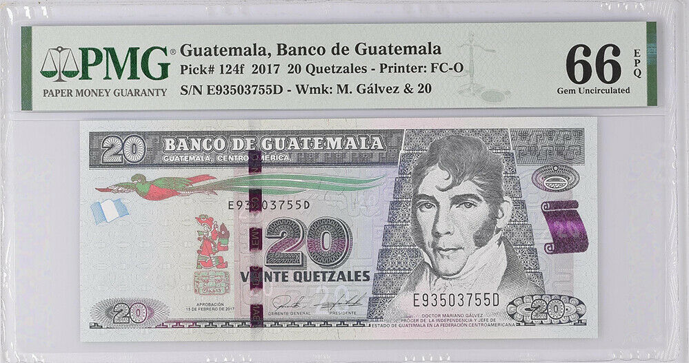 Guatemala 20 Quetzales 2017 P 124 f GEM UNC PMG 66 EPQ