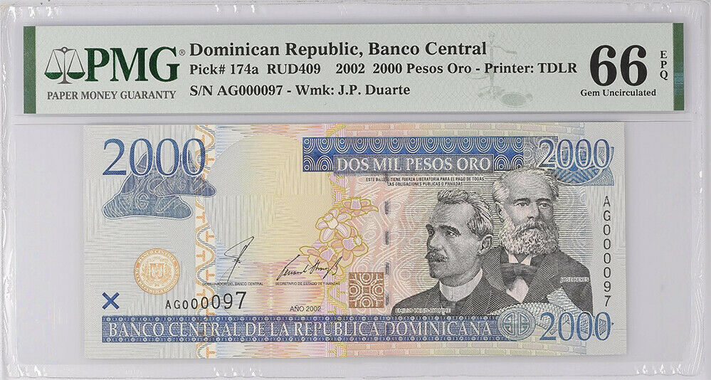 Dominican Republic 2000 Pesos 2002 P 174 AG LOW 97 GEM UNC PMG 66 EPQ