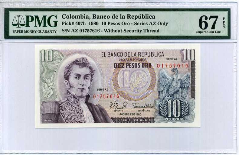 Colombia 10 Pesos Oro 1980 P 407 h Superb Gem UNC PMG 67 EPQ High