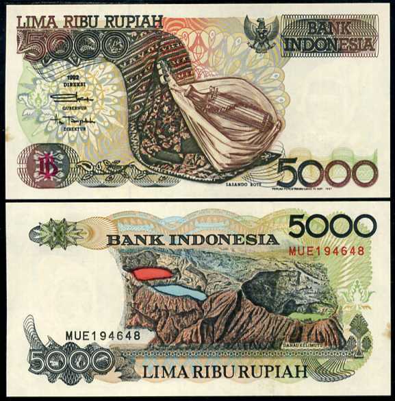 INDONESIA 5000 5,000 RUPIAH 1992/1997 P 130 UNC W FOXING