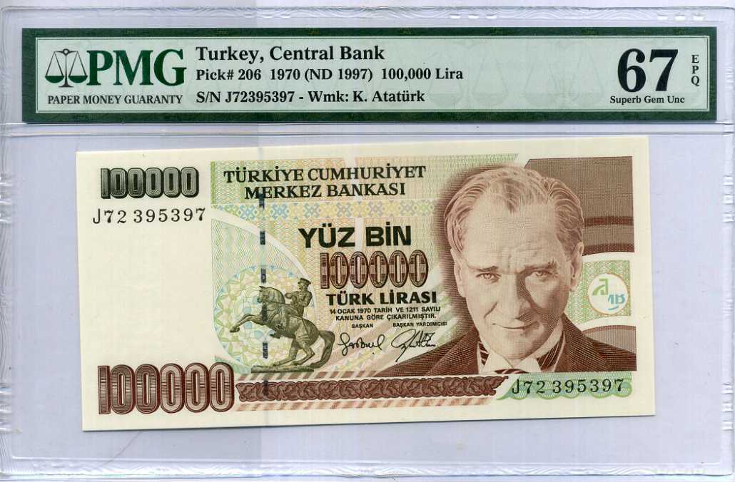 Turkey 100000 LIRA 1997 P 206 Superb Gem UNC PMG 67 EPQ