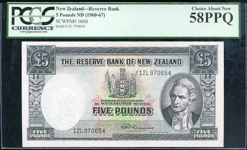 NEW ZEALAND 5 POUNDS ND 1960-1967 P 160 CHOICE UNC PCGS 58 PPQ