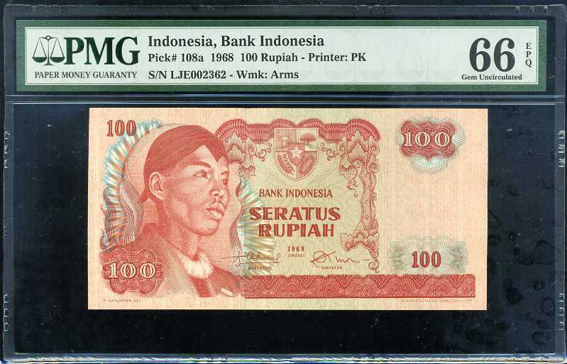 INDONESIA 100 RUPIAH 1968 P 108 GEM UNC PMG 66 EPQ