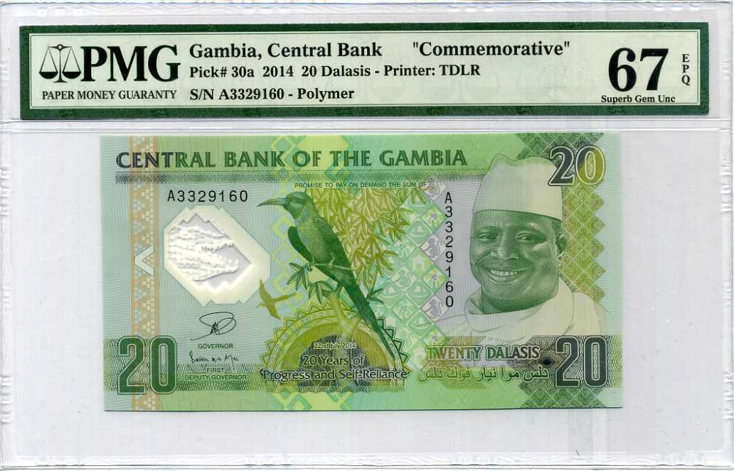 Gambia 20 Dalasis 2014 Polymer Comm. P 30 Superb Gem PMG 67 UNC EPQ