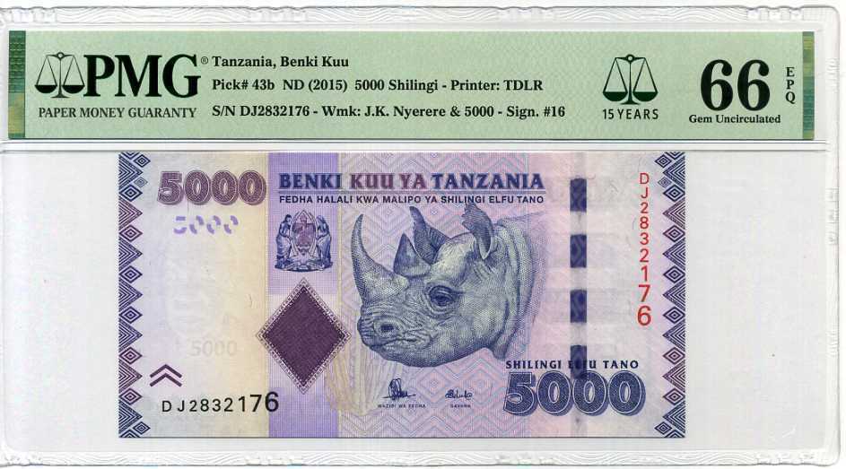 Tanzania 5000 Shillingi ND 2015 P 43 15th Gem UNC PMG 66 EPQ