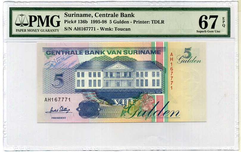 Suriname 5 Gulden 1996 P 136 Superb Gem UNC PMG 67 EPQ