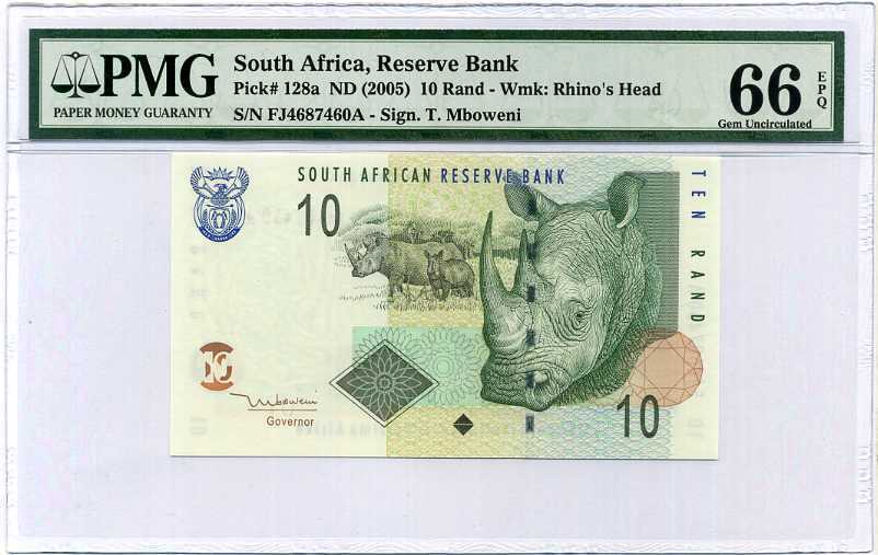 SOUTH AFRICA 10 RAND ND 2005 P 128 a SIGN T. MBOWENI GEM UNC PMG 66 EPQ