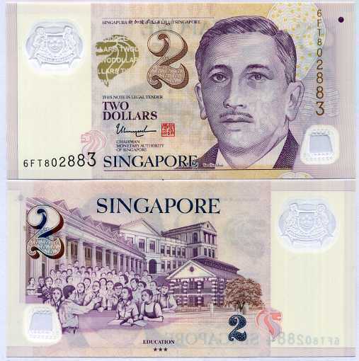 SINGAPORE 2 DOLLARS 2018/2019 P 46 POLYMER W/3 STAR UNC