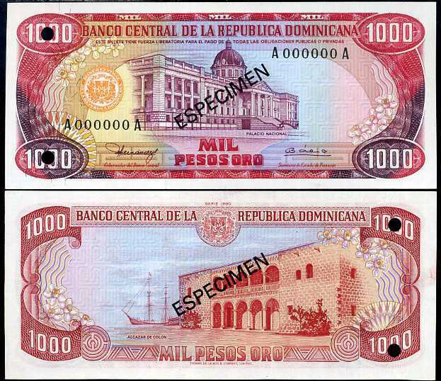 DOMINICAN REPUBLIC 1000 1,000 PESOS 1980 P 124S SPECIMEN UNC