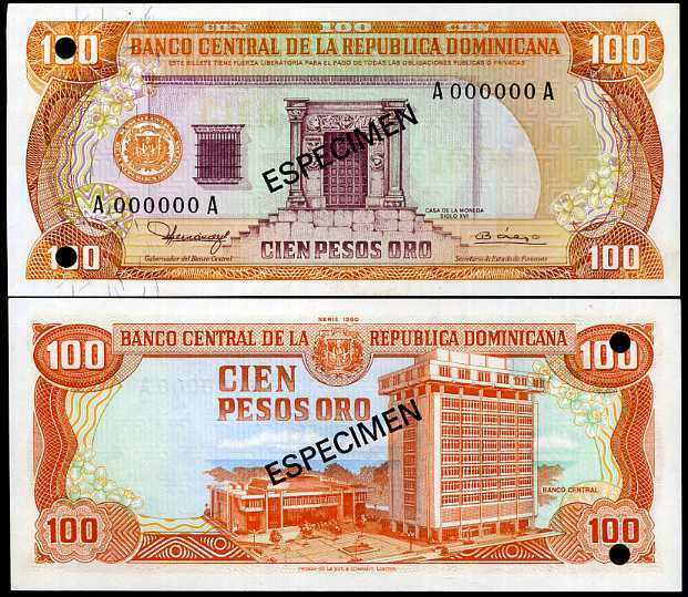 DOMINICAN REPUBLIC 100 PESOS 1980 P 122 S SPECIMEN UNC