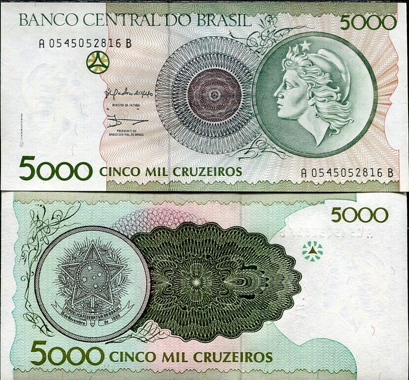 BRAZIL 5000 CRUZEIROS 1990 P 227 UNC