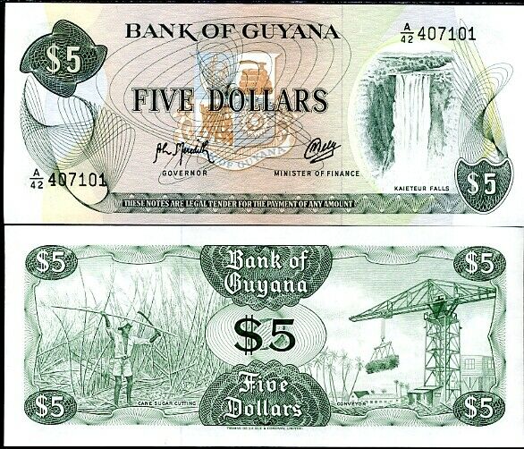 GUYANA 5 DOLLARS 1992 P 22 f UNC