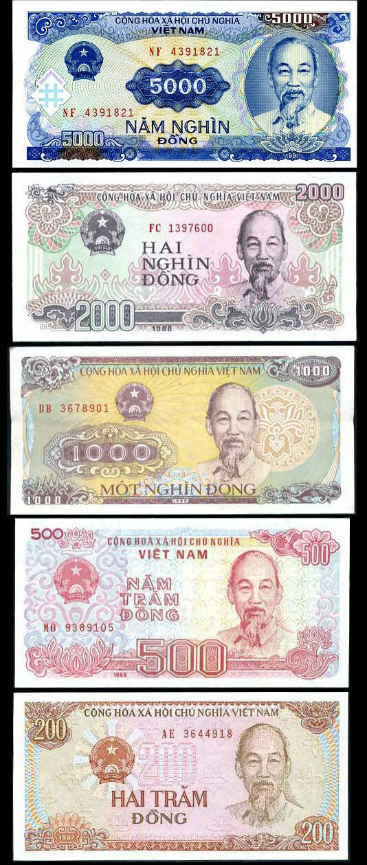 VIETNAM SET 5 PCS 200 500 1000 2000 5000 DONG 1987-91 P 100 101 106 107 108 UNC