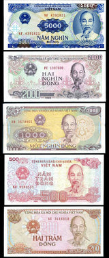 VIETNAM SET 5 PCS 200 500 1000 2000 5000 DONG 1987-91 P 100 101 106 107 108 UNC