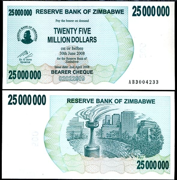 Zimbabwe 25 Million Dollars 2008 P 56 UNC LOT 5 PCS