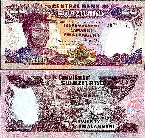 SWAZILAND 20 EMALANGENI 1998 P 25 UNC