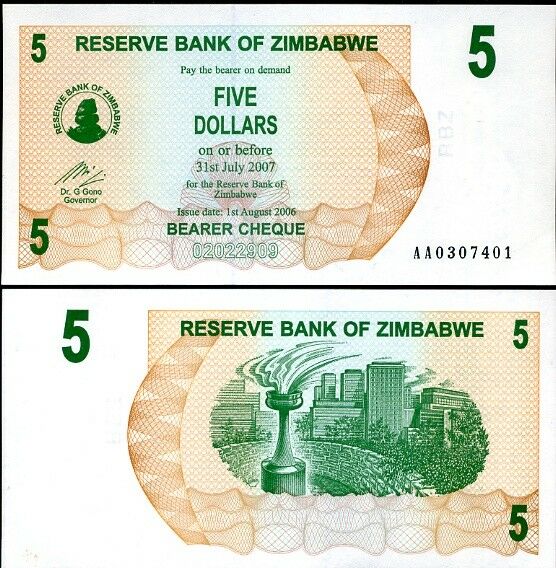 Zimbabwe 5 Dollar 2006 P 38 UNC Lot 5 Pcs