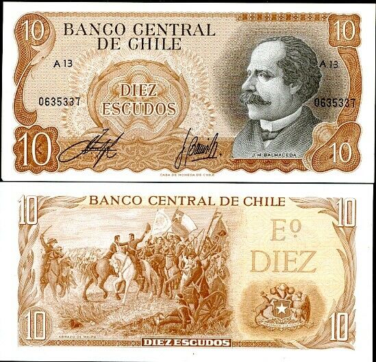 Chile 10 Escudos ND 1967-76 P 143 ABOUT UNC