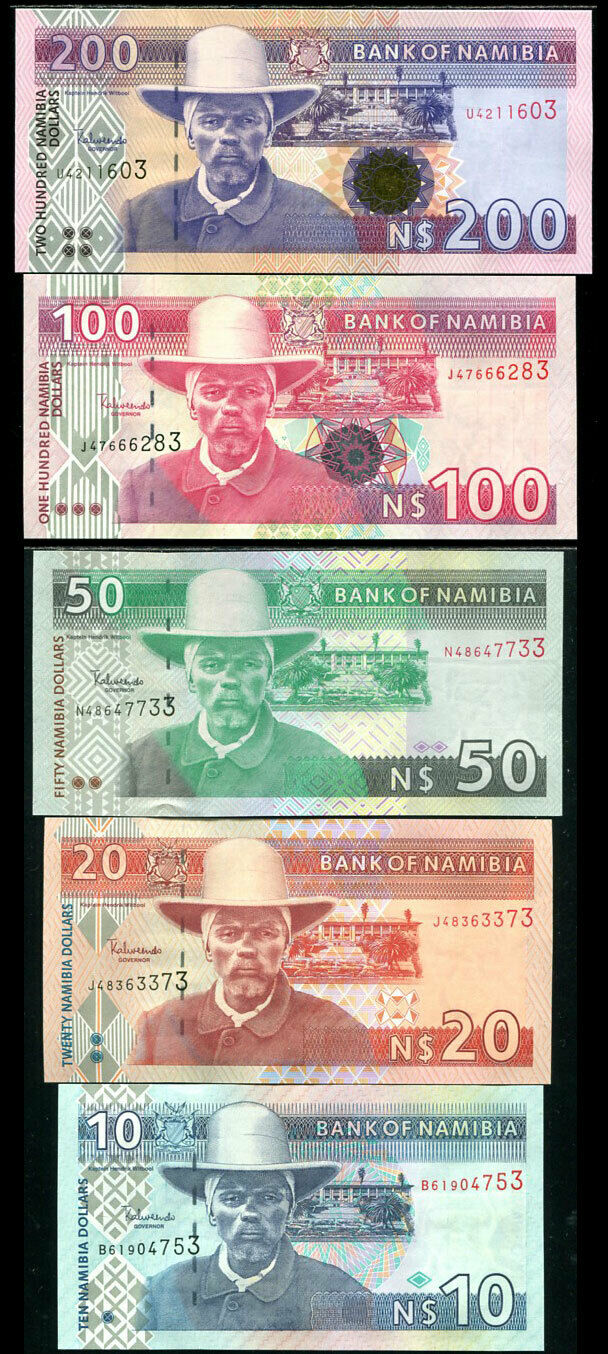 NAMIBIA SET 5 PCS 10 20 50 100 200 DOLLARS 1996-2003 P 4 6 8 9A 10 UNC