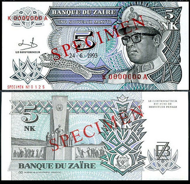 ZAIRE 5 NOUVEAUX 1993 P 48 S SPECIMEN UNC